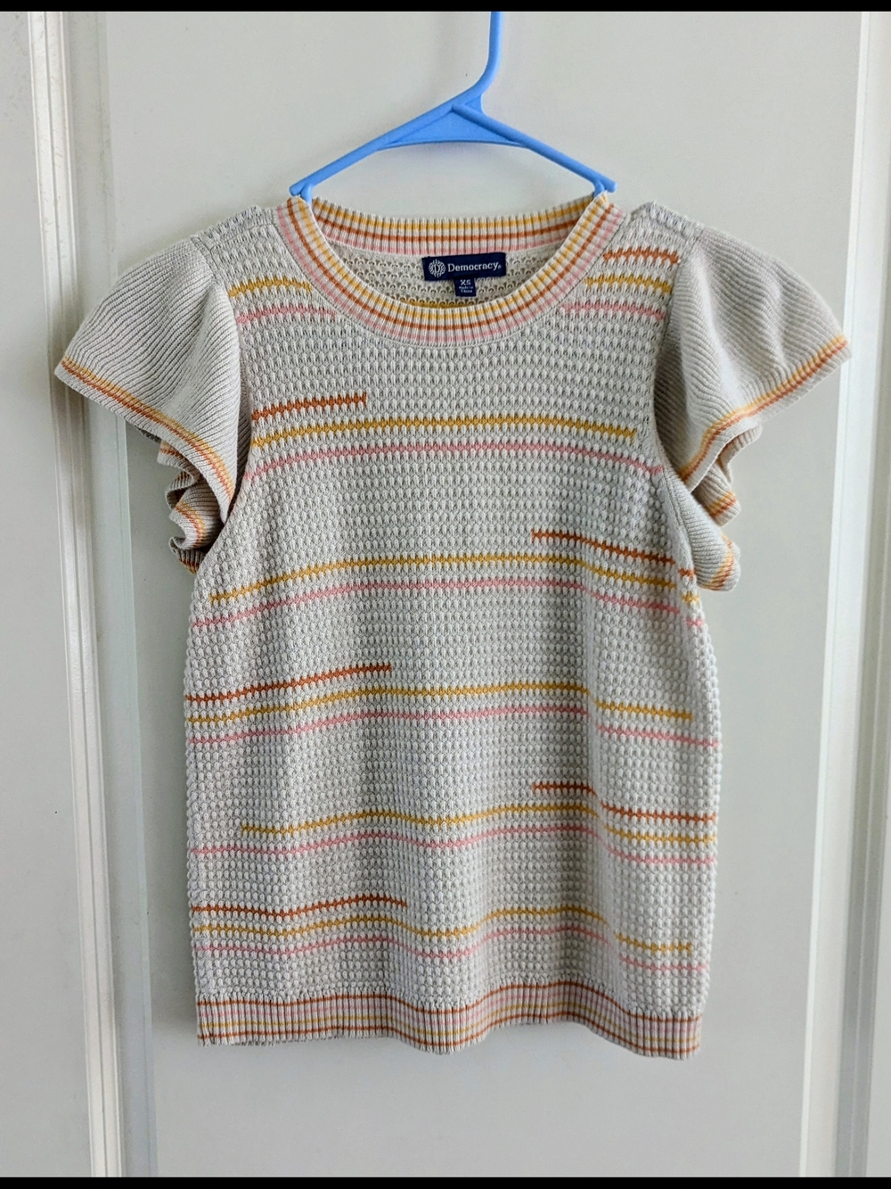 Democracy Cream Knit Short Flutter Sleeve Top with Pastel Stripes